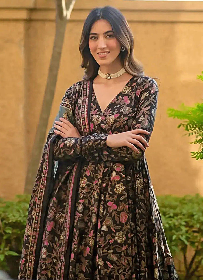 Vegaa Fashion Black Muslin Printed Designer Palazzo Suit