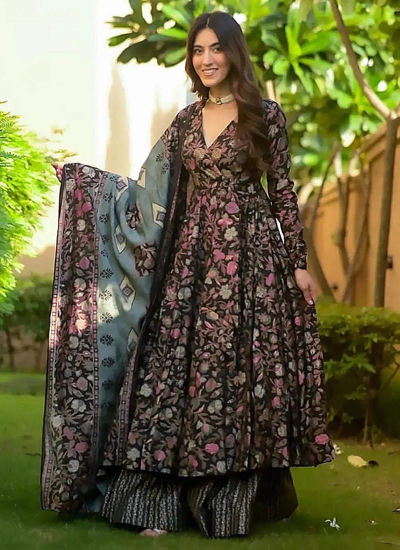 Vegaa Fashion Black Muslin Printed Designer Palazzo Suit