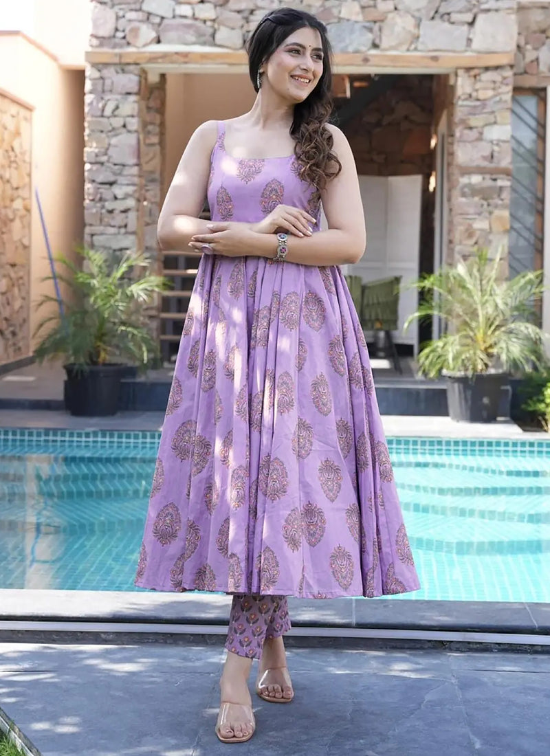 Vegaa Fashion Lavender Muslin Printed Designer Palazzo Suit