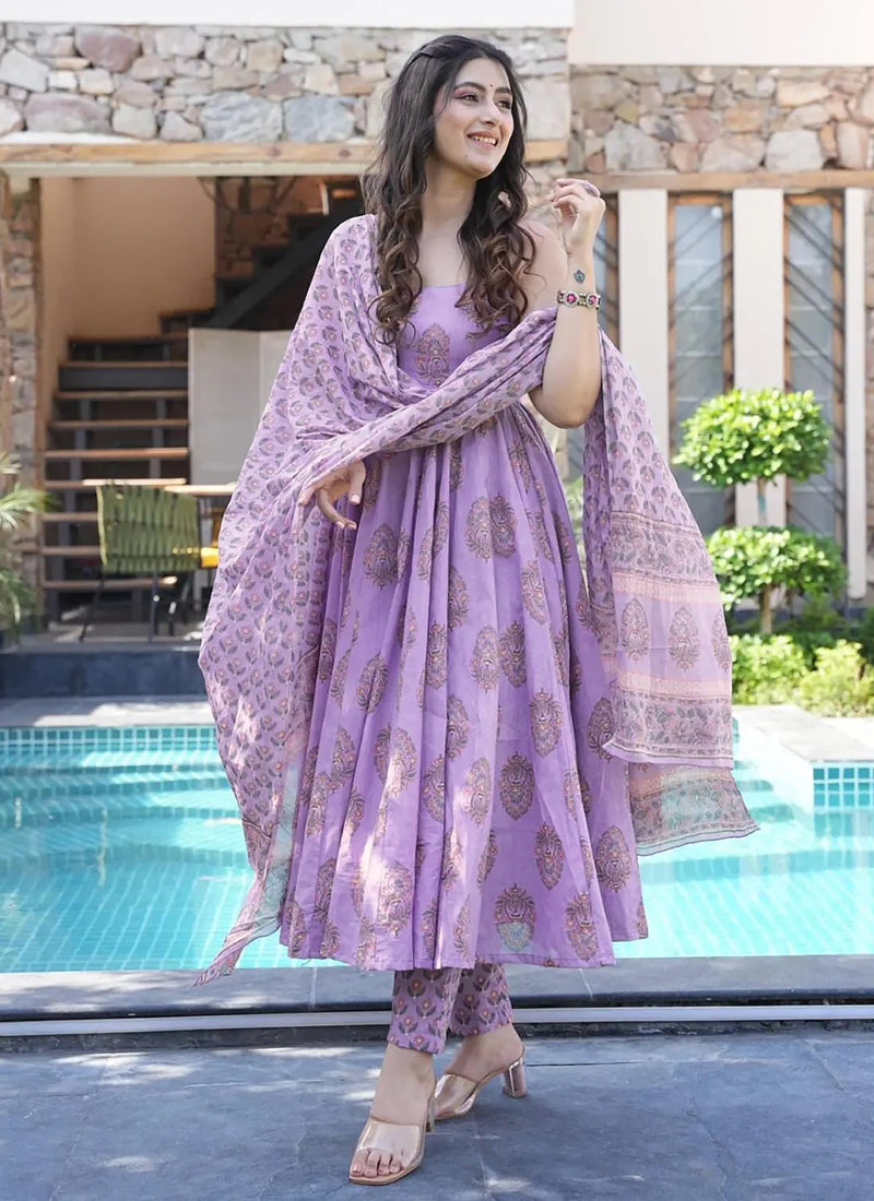 Vegaa Fashion Lavender Muslin Printed Designer Palazzo Suit