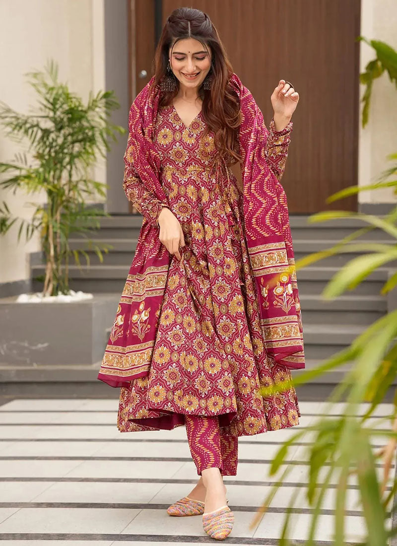 Vegaa Fashion Red Muslin Printed Designer Palazzo Suit