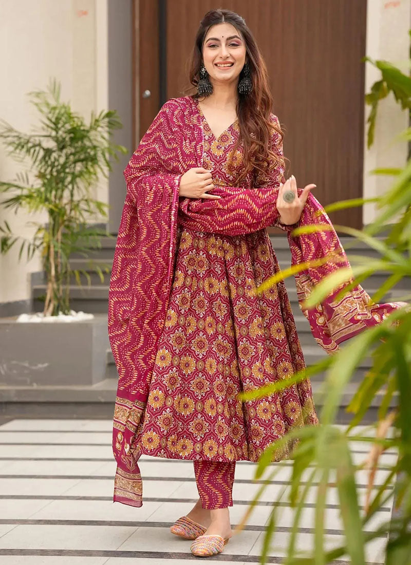 Vegaa Fashion Red Muslin Printed Designer Palazzo Suit