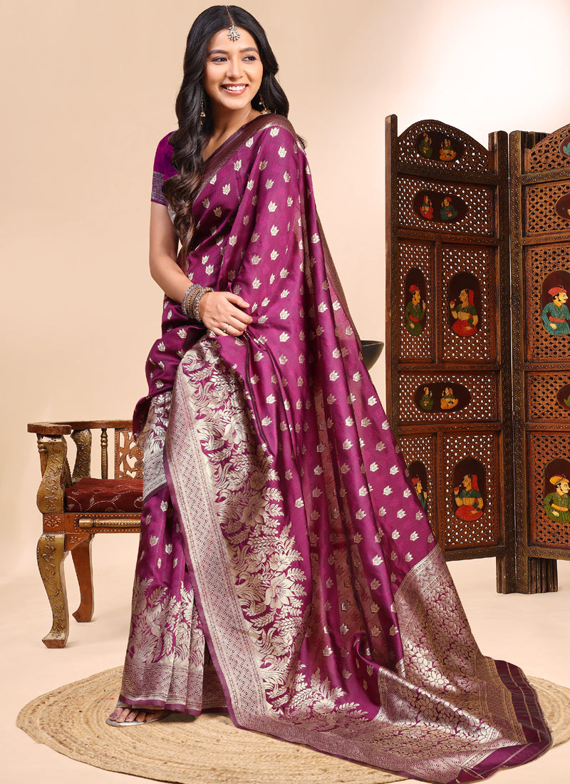 Vegaa Fashion Wine Lichi Silk Embroidered Wedding Wear Saree - Distacart
