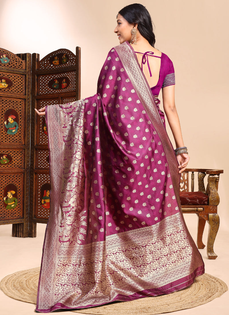 Vegaa Fashion Wine Lichi Silk Embroidered Wedding Wear Saree - Distacart