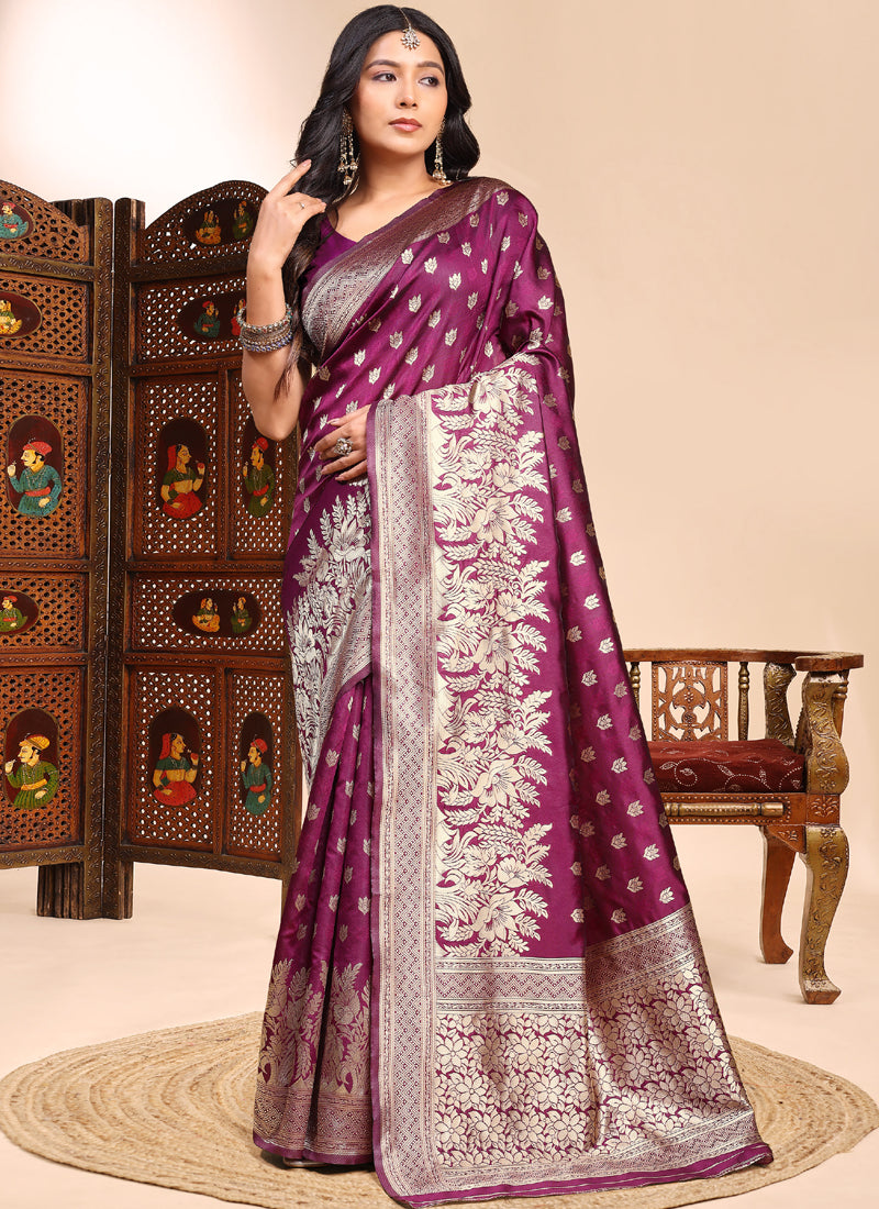 Vegaa Fashion Wine Lichi Silk Embroidered Wedding Wear Saree - Distacart