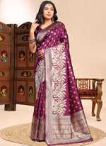 Thumbnail for Vegaa Fashion Wine Lichi Silk Embroidered Wedding Wear Saree - Distacart
