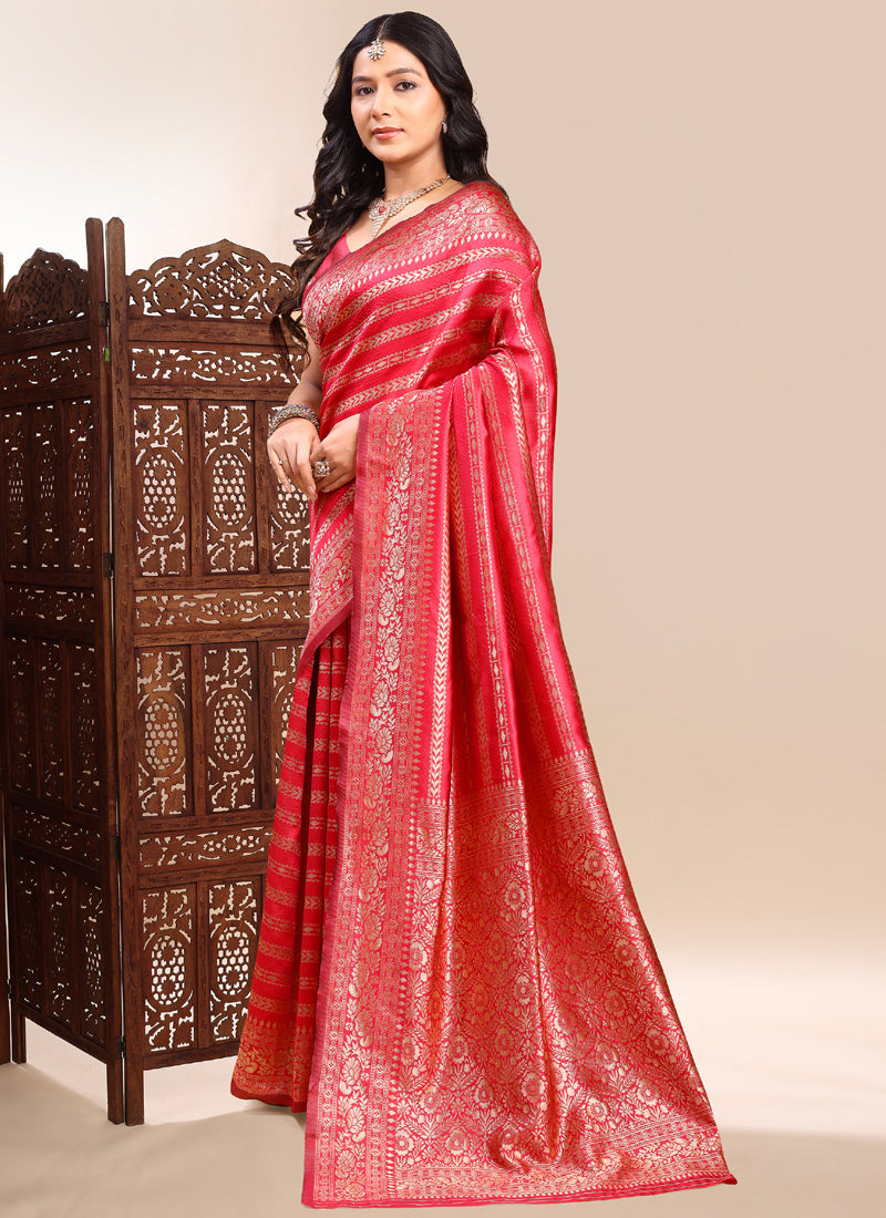 Vegaa Fashion Red Lichi Silk Embroidered Wedding Wear Saree - Distacart