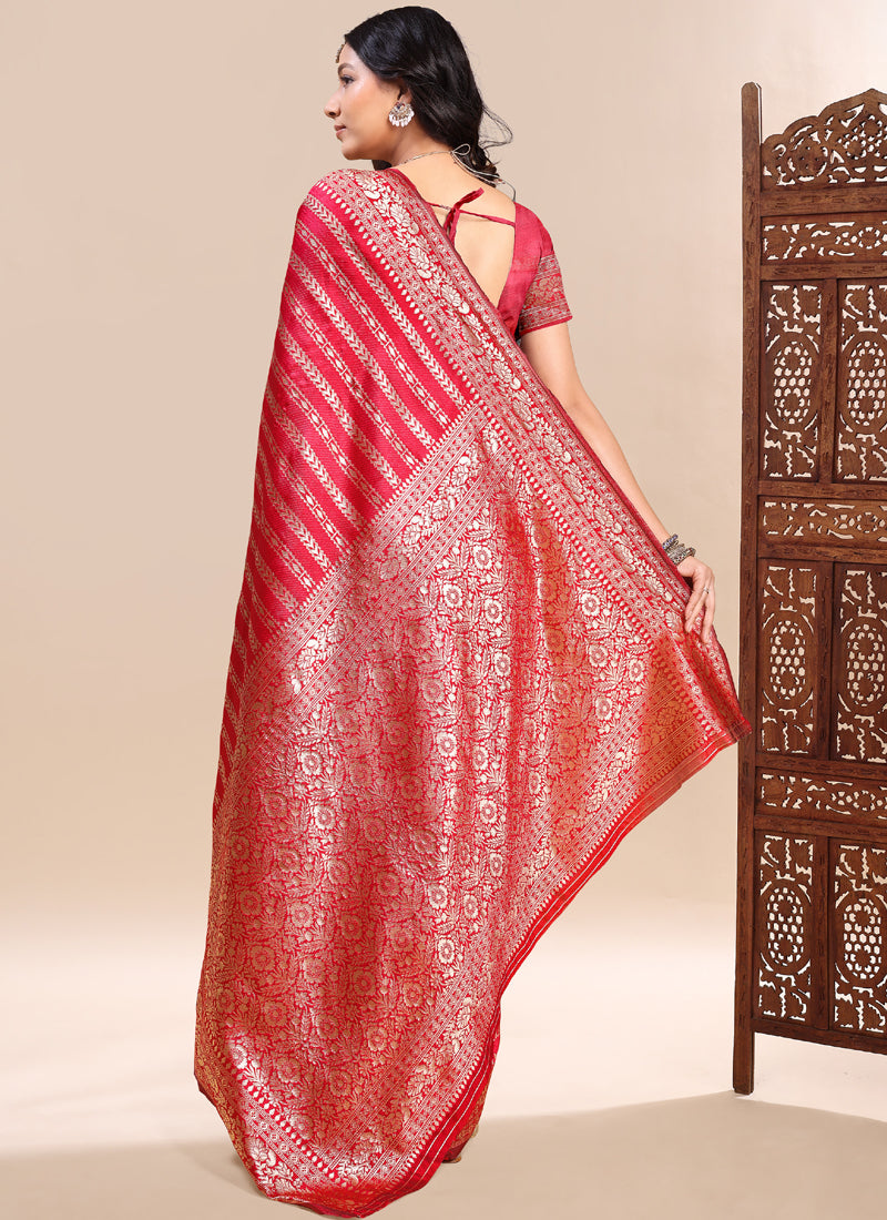 Vegaa Fashion Red Lichi Silk Embroidered Wedding Wear Saree - Distacart
