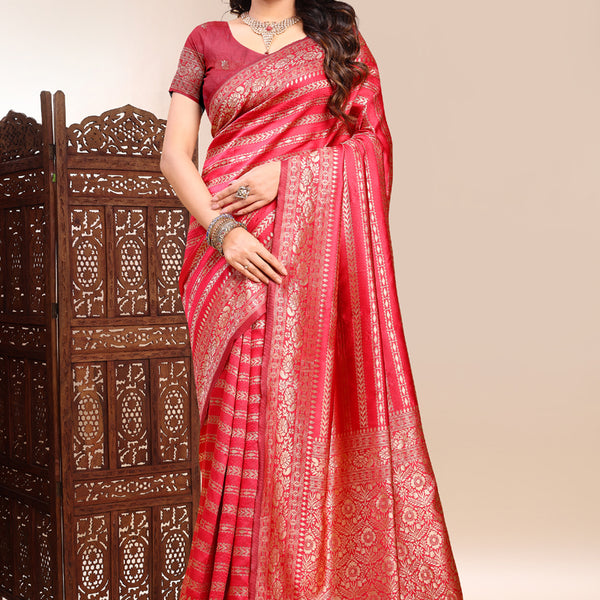 Vegaa Fashion Red Lichi Silk Embroidered Wedding Wear Saree - Distacart