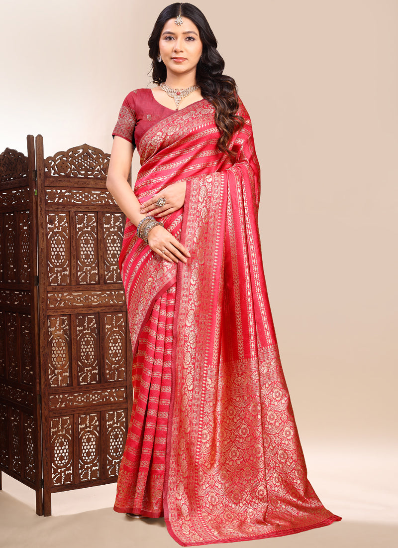 Vegaa Fashion Red Lichi Silk Embroidered Wedding Wear Saree - Distacart
