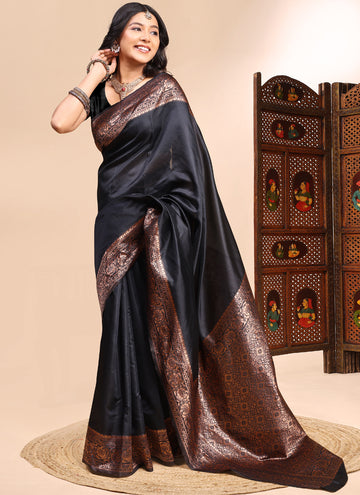 Vegaa Fashion Black Lichi Silk Embroidered Wedding Wear Saree - Distacart