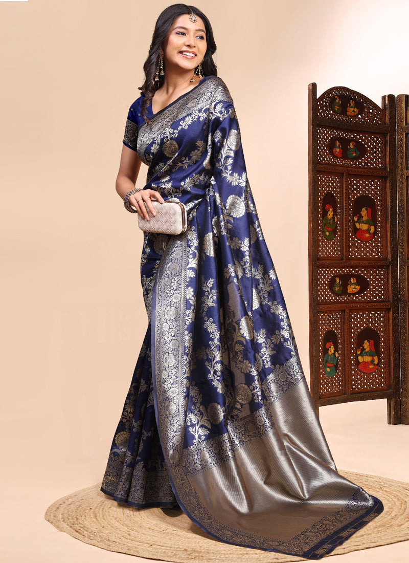 Vegaa Fashion Dark_Blue Lichi Silk Embroidered Wedding Wear Saree - Distacart
