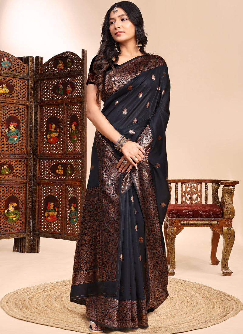 Vegaa Fashion Black Lichi Silk Embroidered Wedding Wear Saree - Distacart