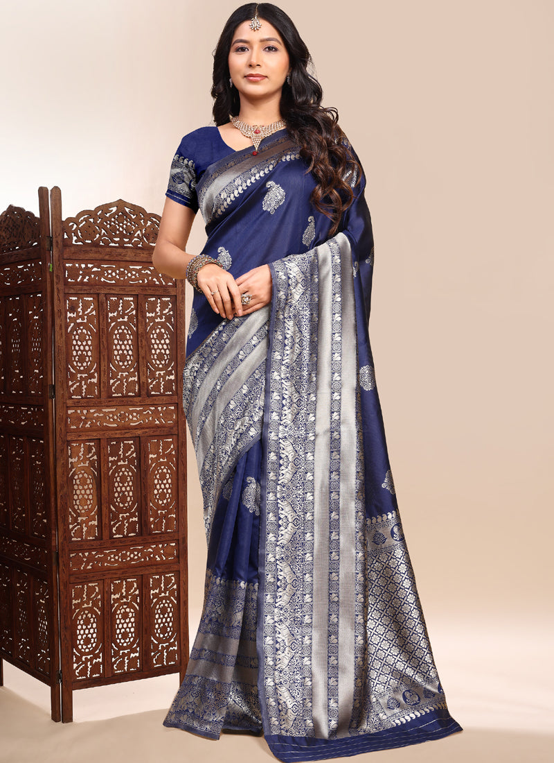 Vegaa Fashion Dark_Blue Lichi Silk Embroidered Wedding Wear Saree - Distacart