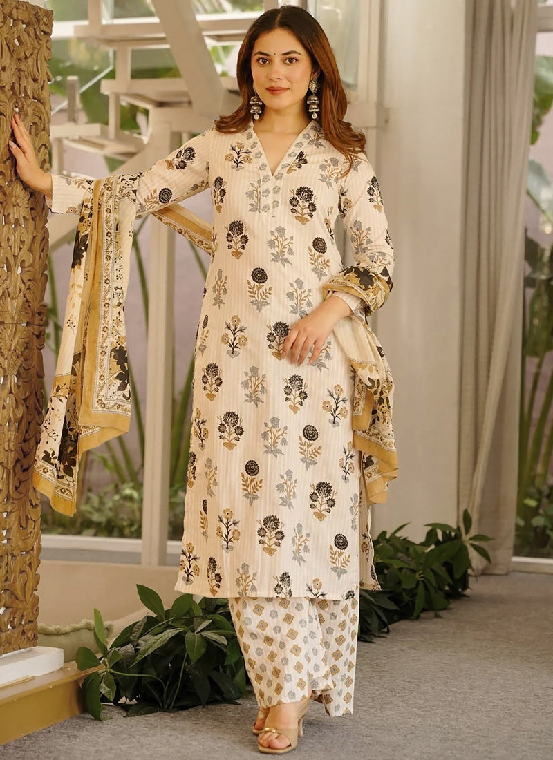 Vegaa Fashion Cream Printed Cotton Salwar Suit - Dista