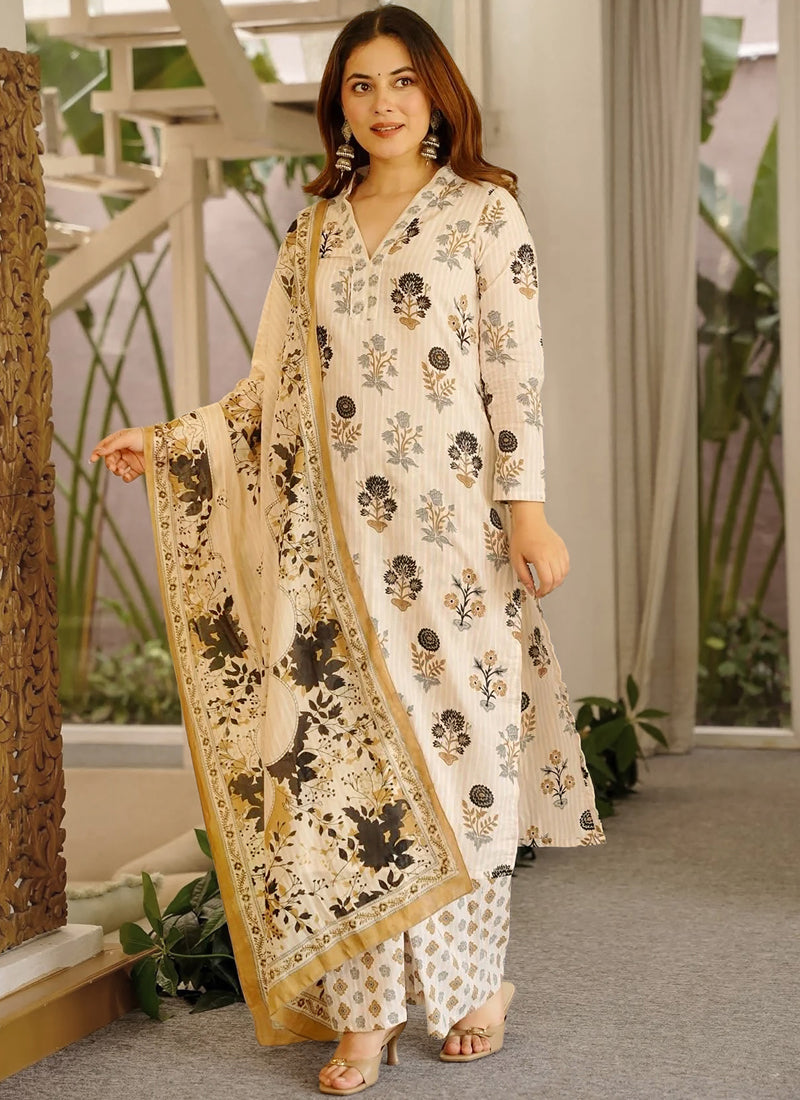 Vegaa Fashion Cream Printed Cotton Salwar Suit - Dista