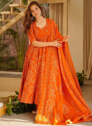 Vegaa Fashion Orange Printed Muslin Salwar Suit - Dista