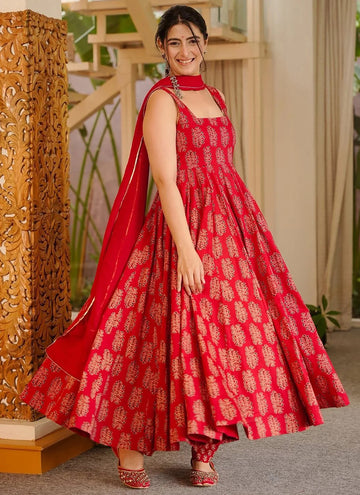 Vegaa Fashion Red Printed Muslin Salwar Suit - Dista