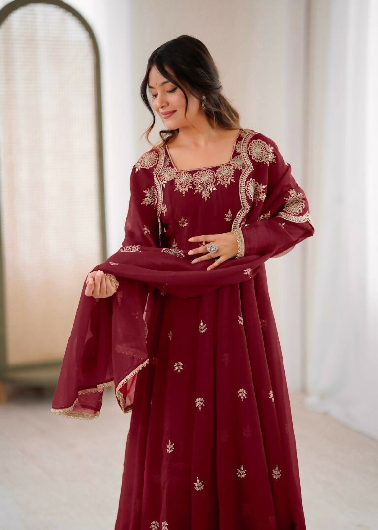 Teeya Creation Maroon Color Crunchy Silk Embroidery Work Wedding Wear Gown