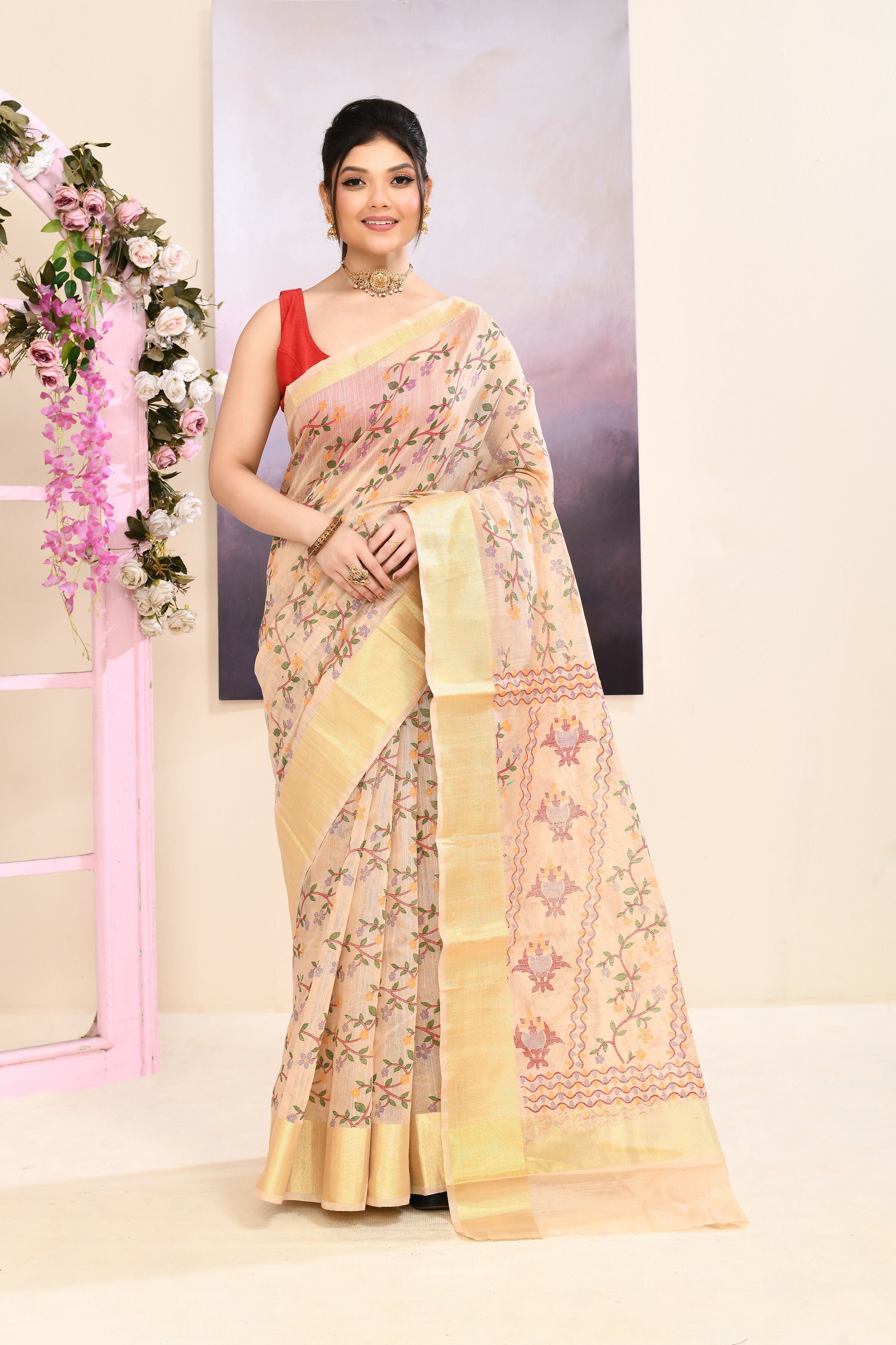Piyari Fashion Women's Beige Embellished Cotton Blend Printed Saree - Dista