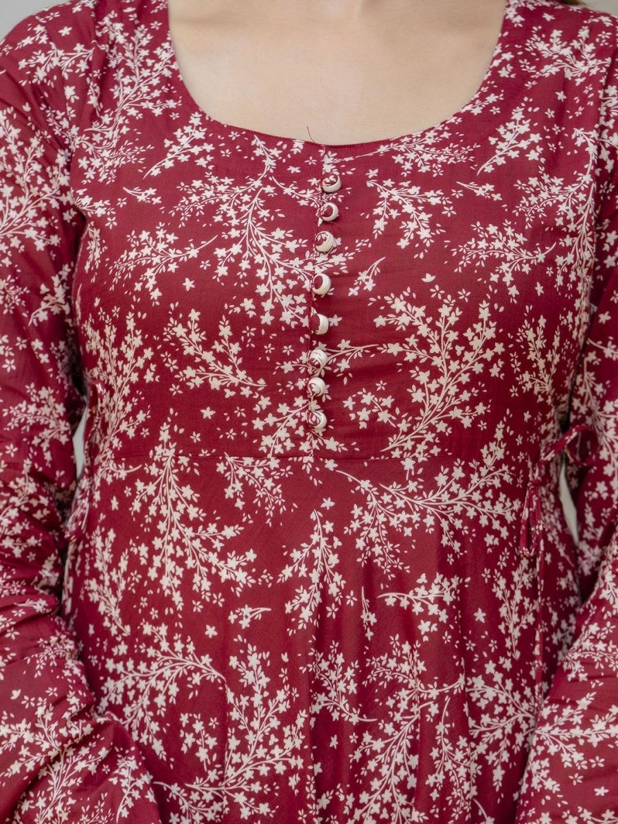 Anouk Red Floral Printed Empire Pure Cotton Anarkali Kurta With Pyjamas & Dupatta - Distacart