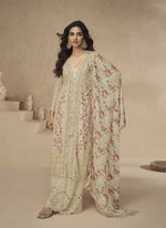 Thumbnail for Anaita Cream Chinon Readymade Suit with Embroidery Sequence Work - Distacart