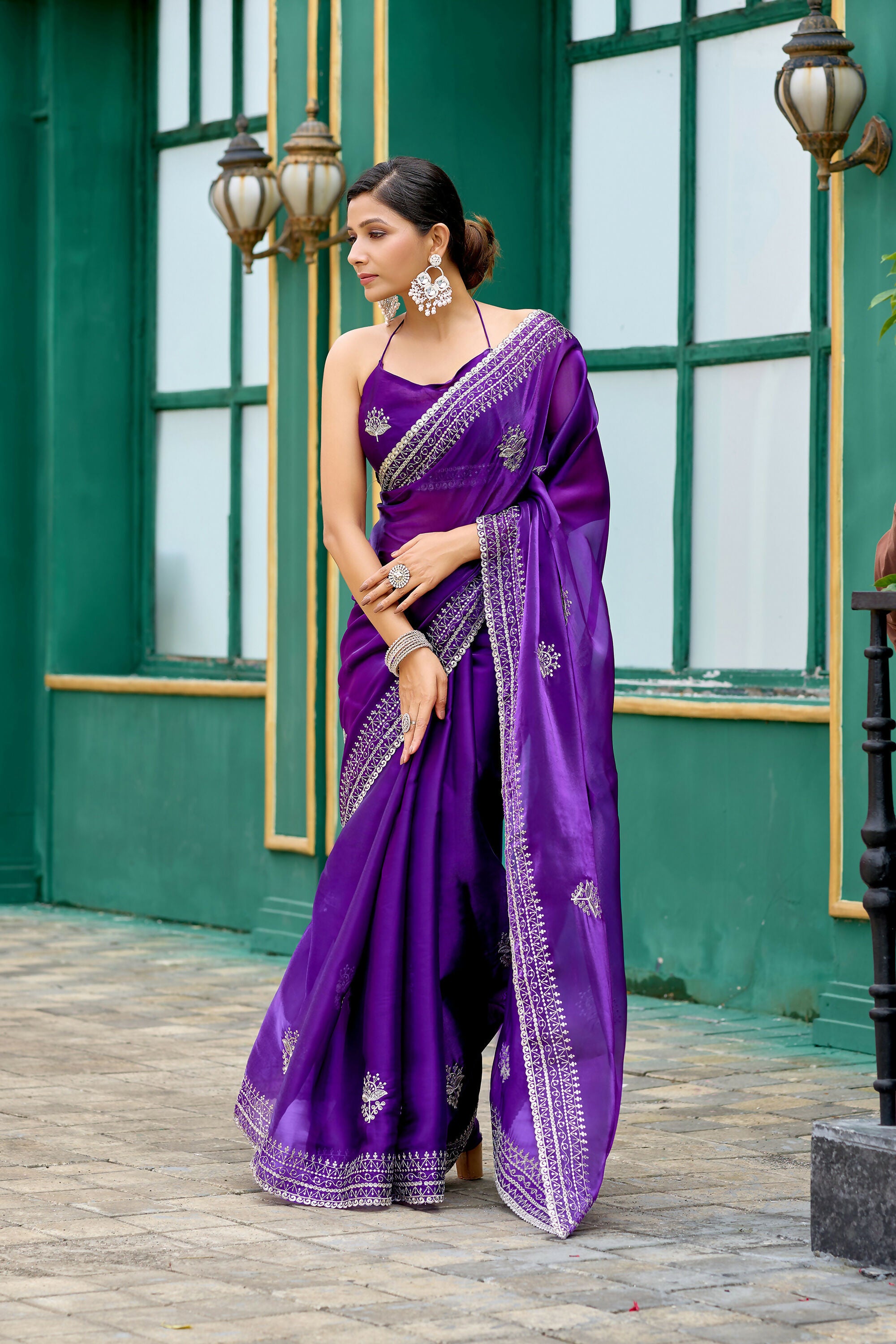 Vastranavya Purple-Blue Embroidery Work Shimmer Chiffon Saree with Unstitched Blouse
