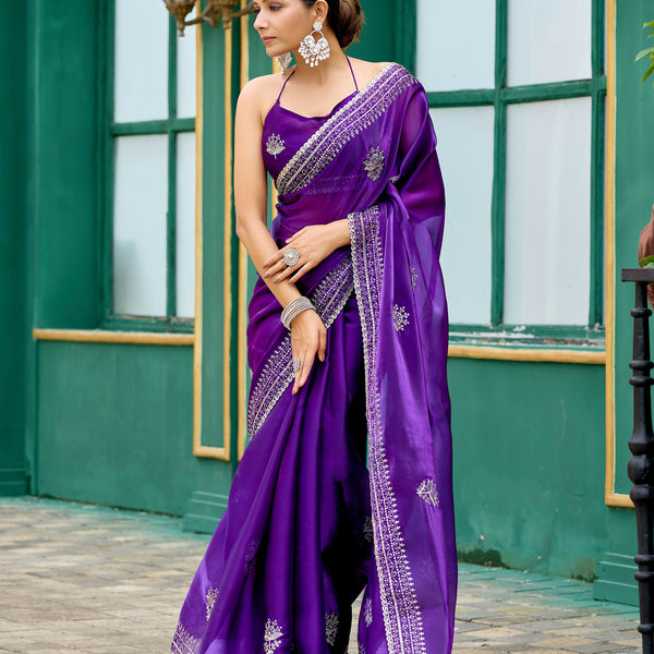 Vastranavya Purple-Blue Embroidery Work Shimmer Chiffon Saree with Unstitched Blouse