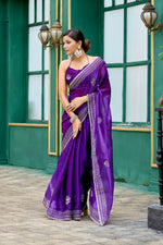 Thumbnail for Vastranavya Purple-Blue Embroidery Work Shimmer Chiffon Saree with Unstitched Blouse