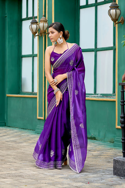 Vastranavya Purple-Blue Embroidery Work Shimmer Chiffon Saree with Unstitched Blouse