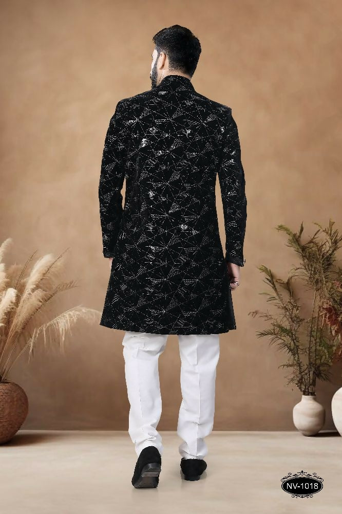 Joban Fashion Men's Black Straight Velvet Thread & Sequence Embroidery All Over Indo-Western Kurta Set - Distacart