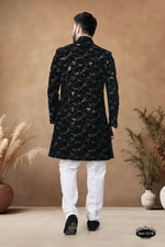 Thumbnail for Joban Fashion Men's Black Straight Velvet Thread & Sequence Embroidery All Over Indo-Western Kurta Set - Distacart
