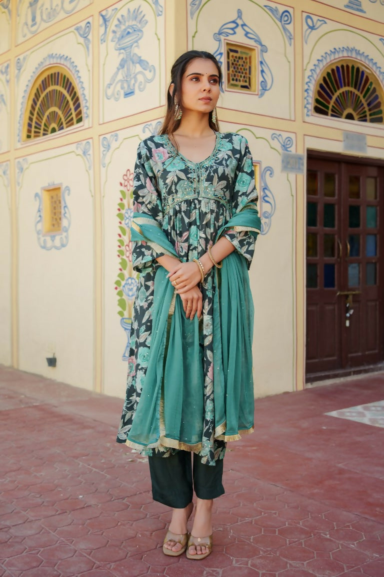 Vaasva Women Teal Muslin Embroidered Kurta, Pant & Dupatta Set - Distacart