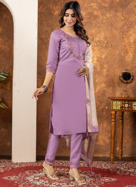 Prazu Fashion Lavender Marina Silk Thread Embroidered Kurta Set