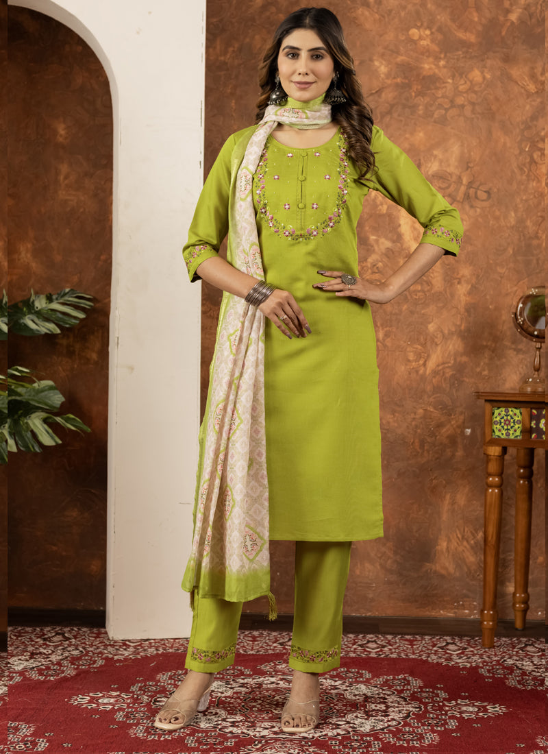 Prazu Fashion Parrot Green Marina Silk Thread Embroidered Kurta Set