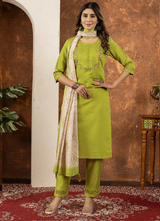 Prazu Fashion Parrot Green Marina Silk Thread Embroidered Kurta Set
