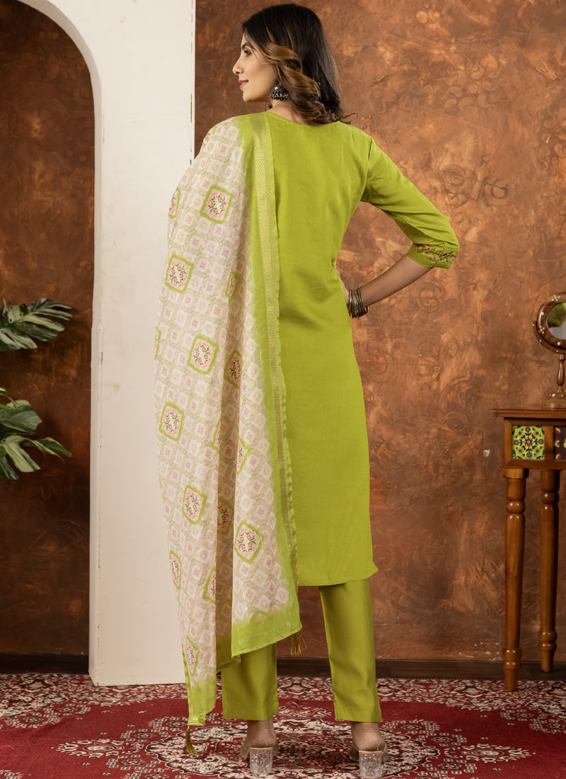 Prazu Fashion Parrot Green Marina Silk Thread Embroidered Kurta Set