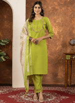 Thumbnail for Prazu Fashion Parrot Green Marina Silk Thread Embroidered Kurta Set