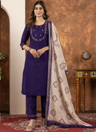 Prazu Fashion Purple Marina Silk Thread Embroidered Kurta Set