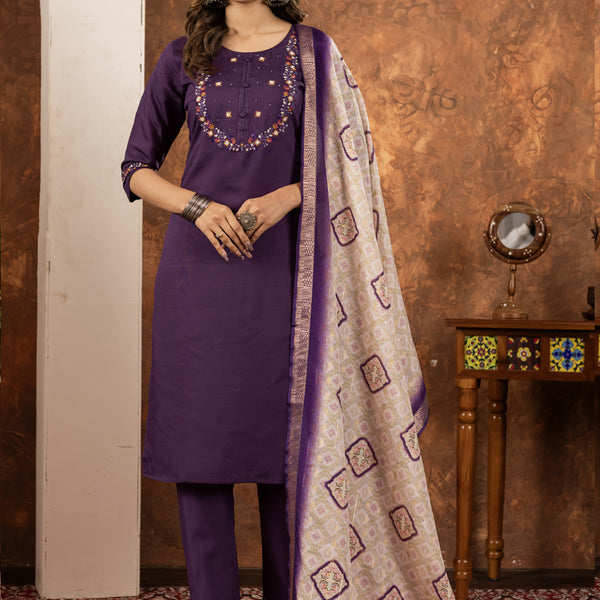 Prazu Fashion Wine Marina Silk Thread Embroidered Kurta Set