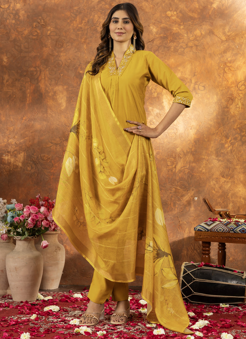 Prazu Fashion Yellow Roman Silk Thread Embroidered Sequence Kurta Set
