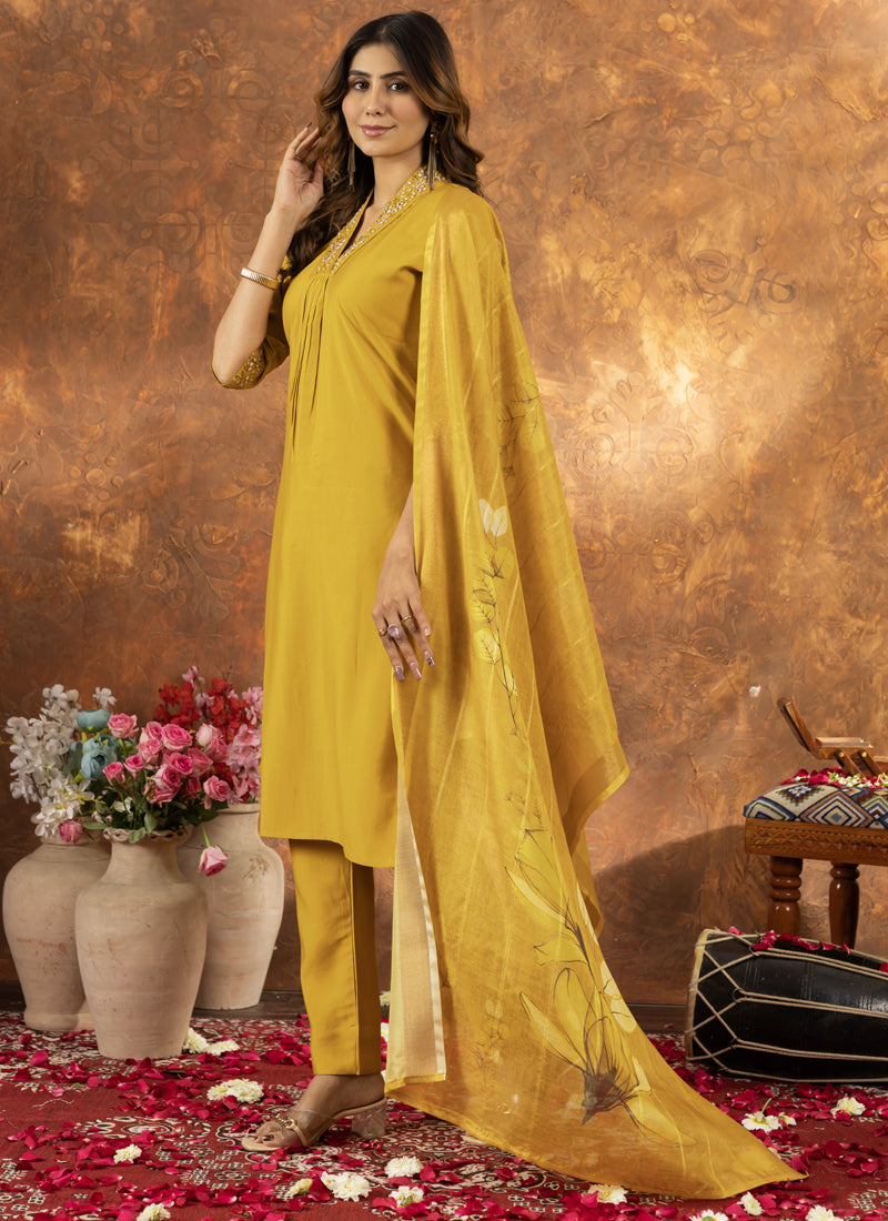 Prazu Fashion Yellow Roman Silk Thread Embroidered Sequence Kurta Set