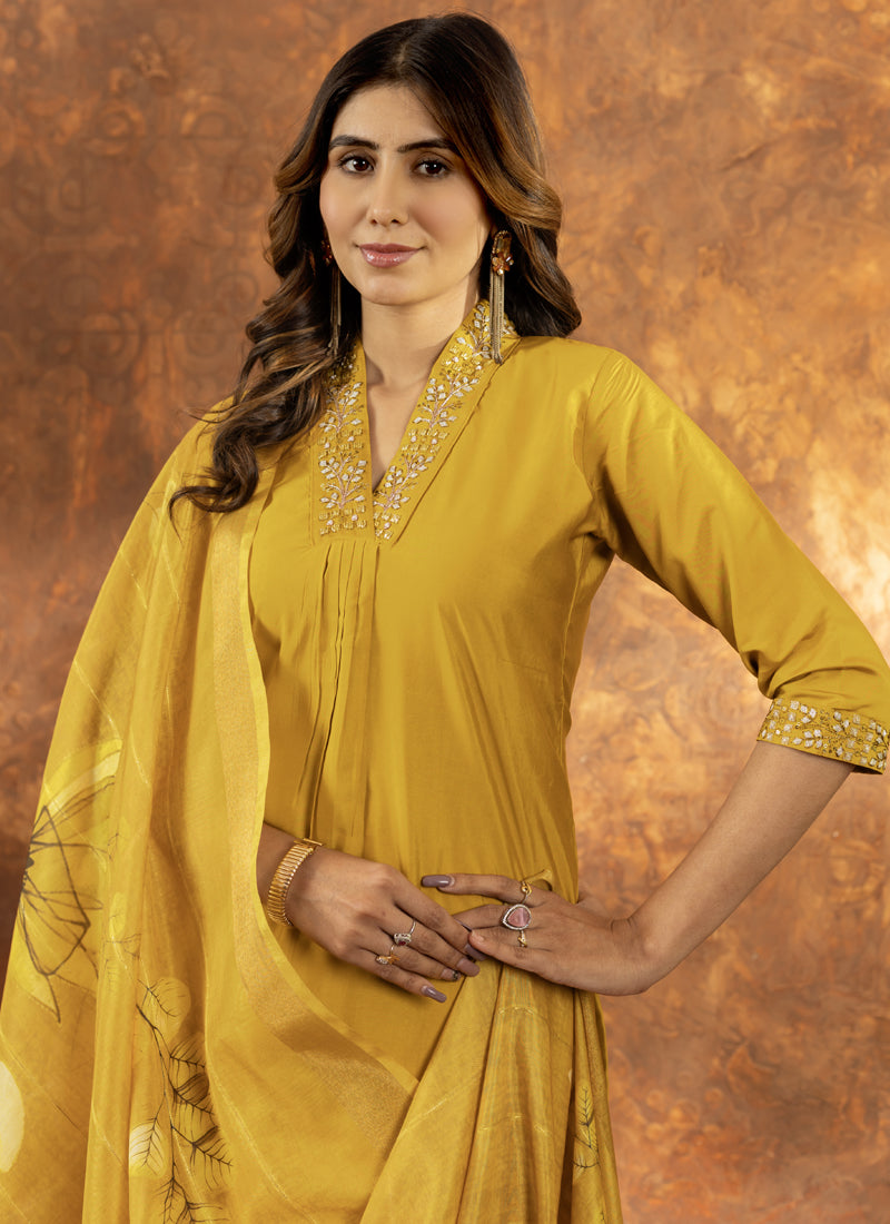 Prazu Fashion Yellow Roman Silk Thread Embroidered Sequence Kurta Set