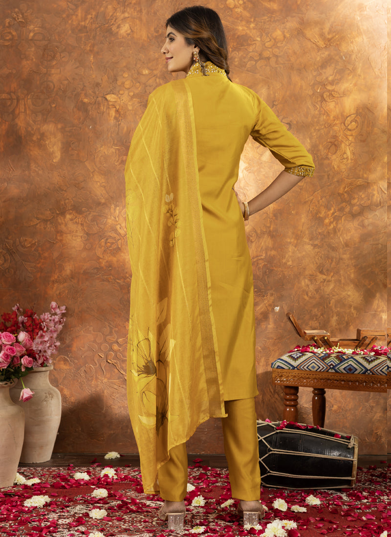Prazu Fashion Yellow Roman Silk Thread Embroidered Sequence Kurta Set