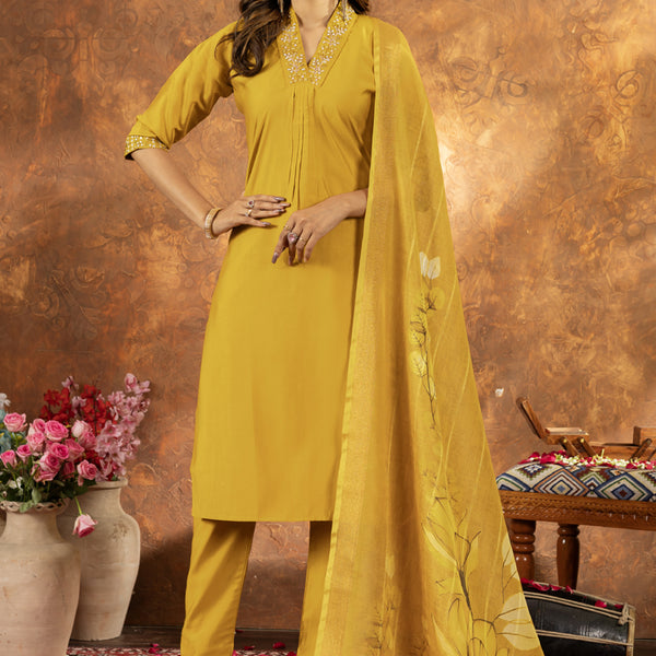 Prazu Fashion Yellow Roman Silk Thread Embroidered Sequence Kurta Set