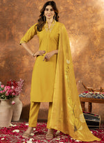 Thumbnail for Prazu Fashion Yellow Roman Silk Thread Embroidered Sequence Kurta Set