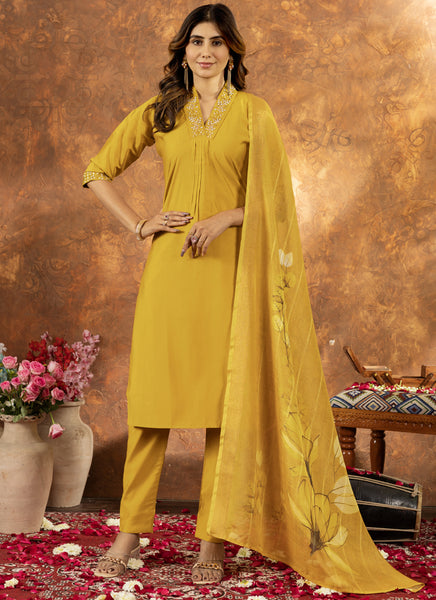 Prazu Fashion Yellow Roman Silk Thread Embroidered Sequence Kurta Set