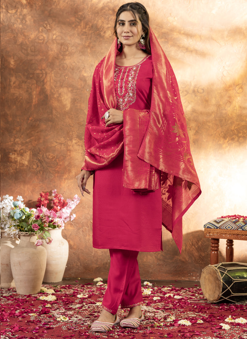 Prazu Fashion Pink Marina Silk Thread Embroidered Kurta Set
