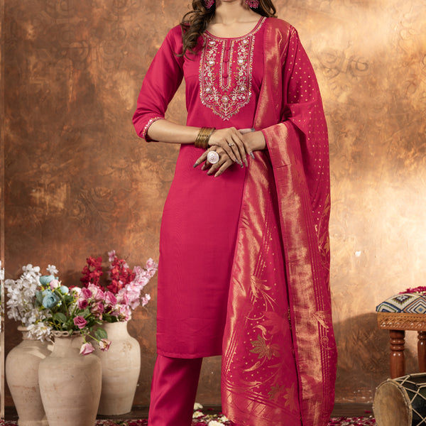 Prazu Fashion Pink Marina Silk Thread Embroidered Kurta Set - Distacart