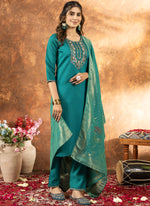 Thumbnail for Prazu Fashion Rama Green Marina Silk Thread Embroidered Kurta Set
